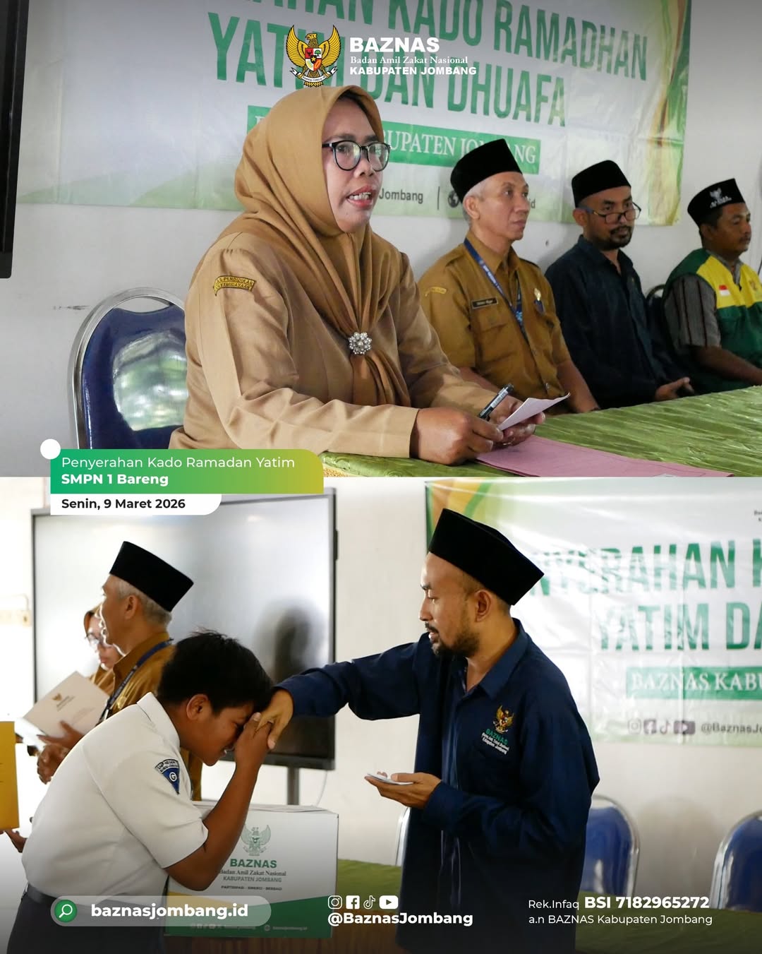 Wakil Ketua BAZNAS Jombang Salurkan Kado Ramadan kepada Anak Yatim di SMPN 2 Jombang