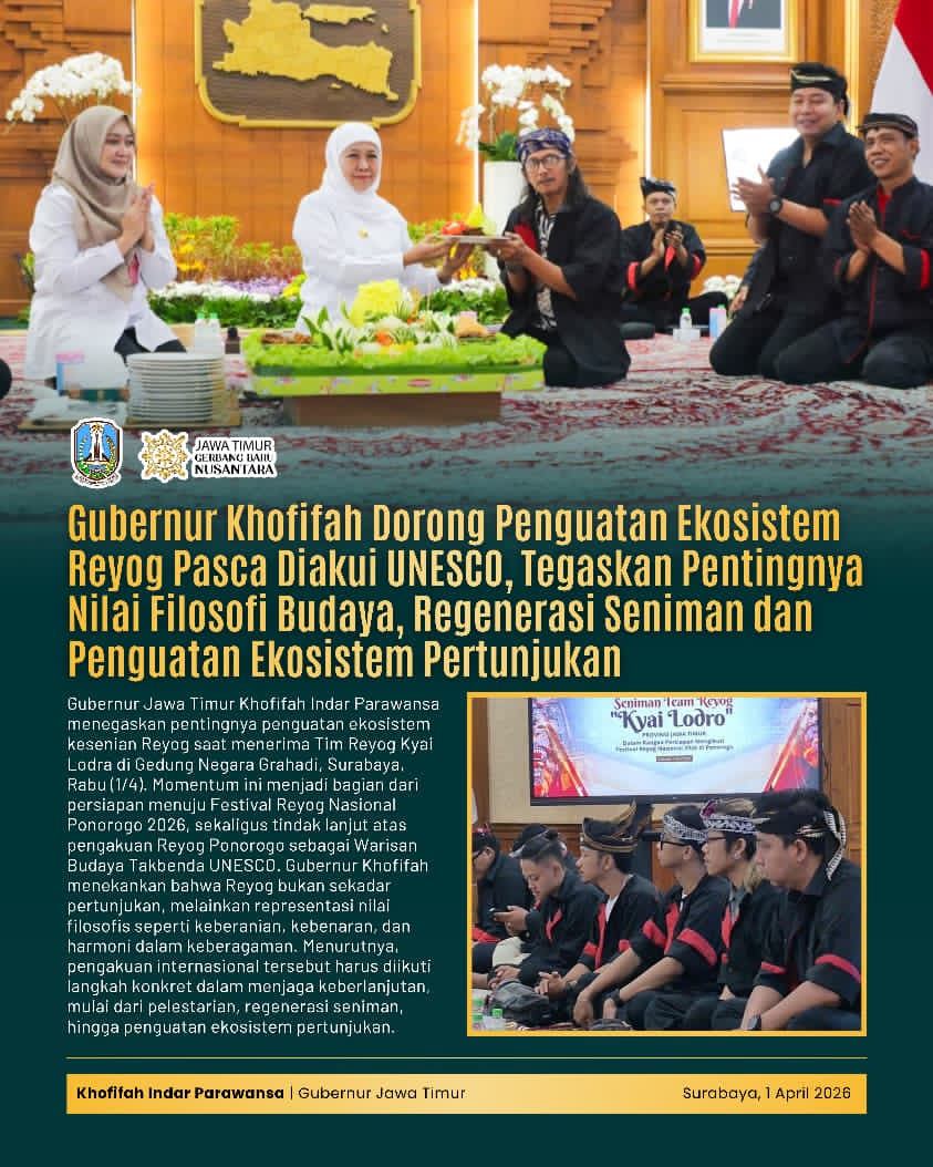 Gubernur Khofifah Tegaskan Penguatan Ekosistem Reyog Berbasis Nilai Budaya dan Keberlanjutan Pasca UNESCO