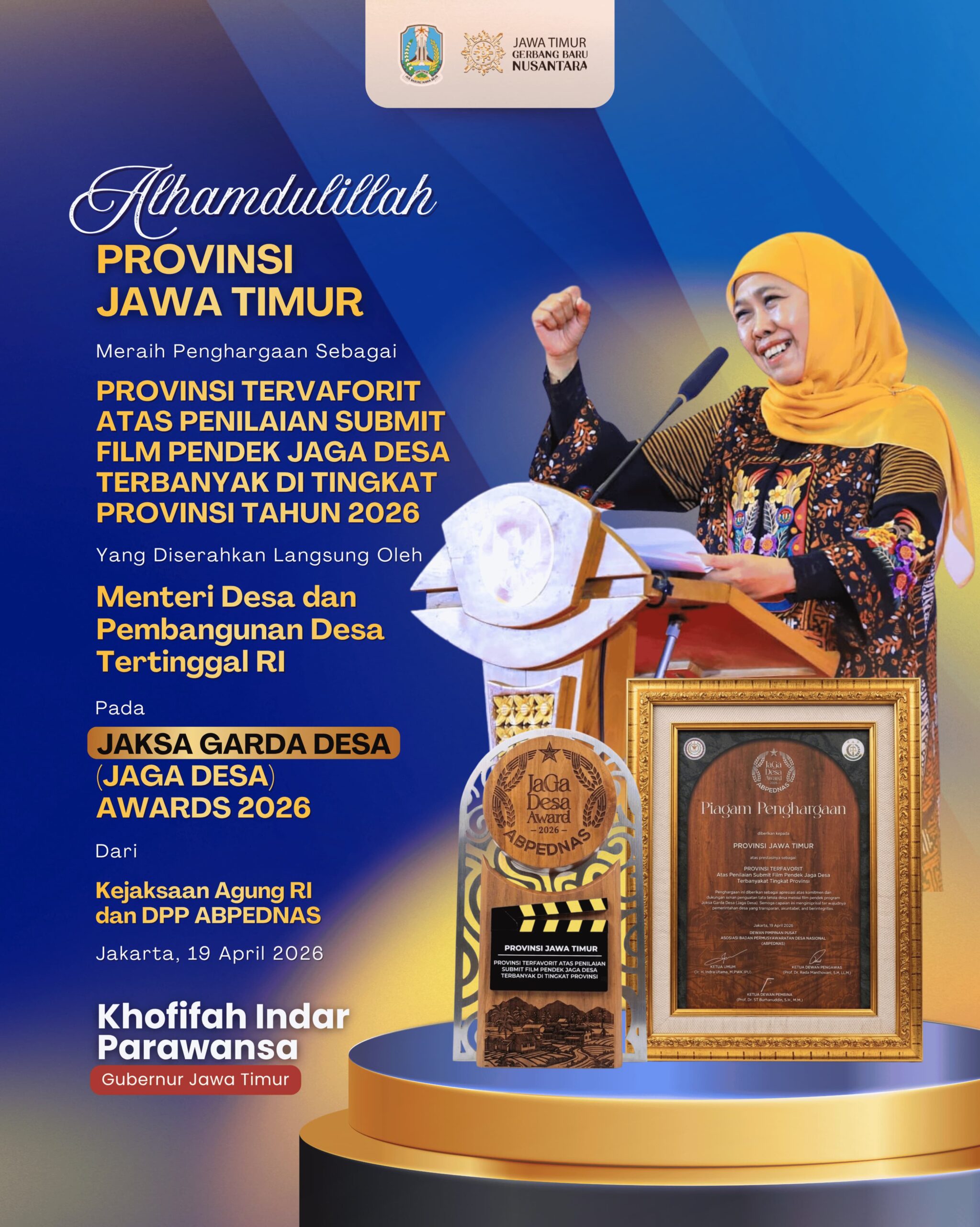 Gubernur Khofifah Harap Penghargaan Jaga Desa Award 2026 Jadi Motivasi Tingkatkan Pelayanan dan Pembangunan Desa
