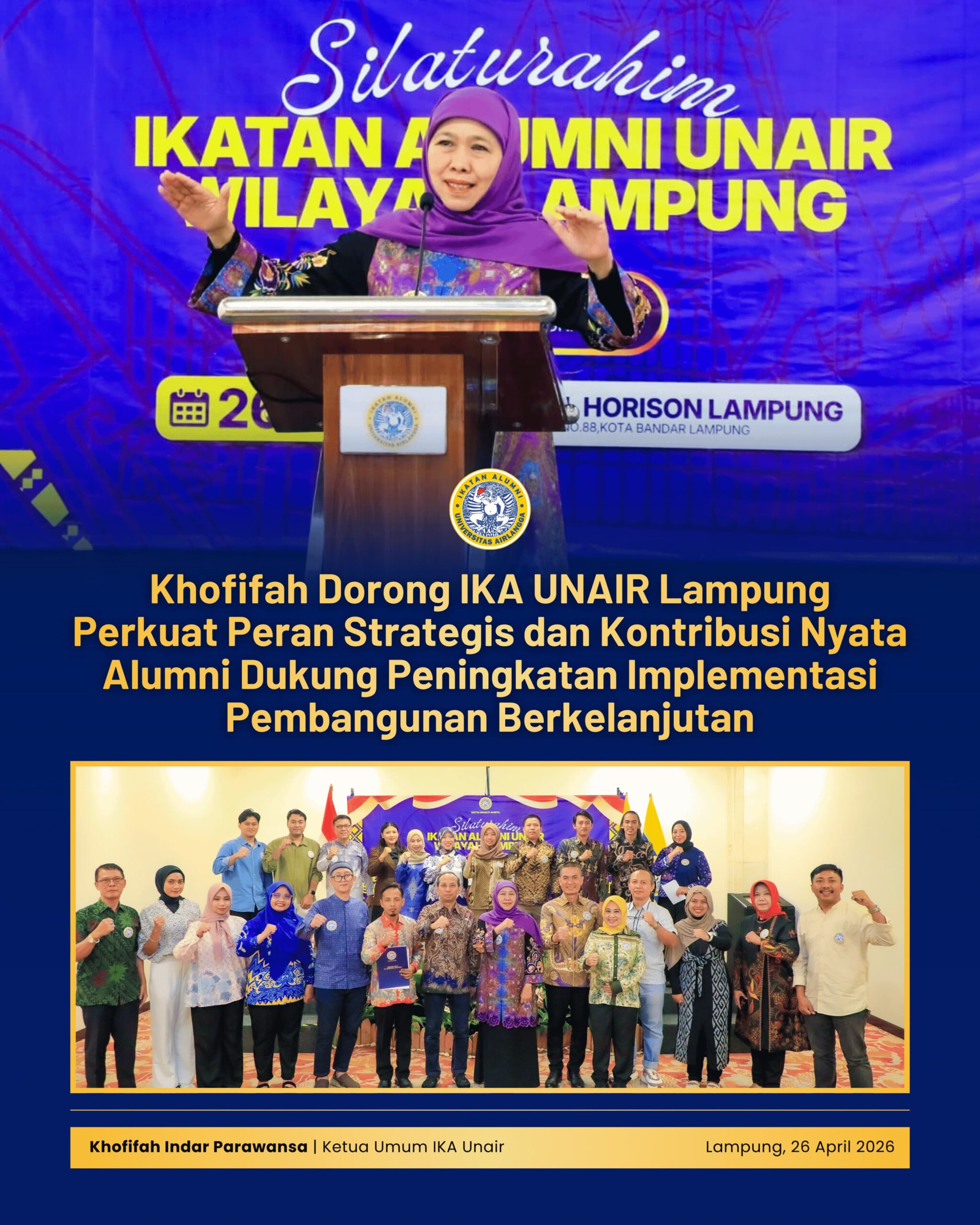 Gubernur Khofifah Perkuat Semangat Kolaborasi IKA UNAIR Lampung demi Kemajuan Kampus dan Masyarakat