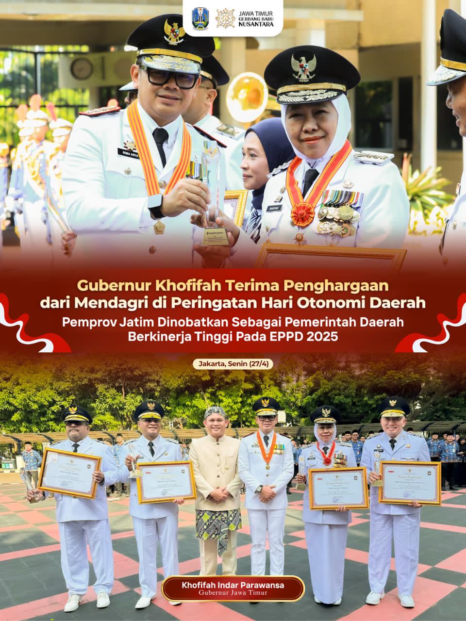 Gubernur Khofifah Bawa Jatim Bersinar di Hari Otonomi Daerah, Sabet 11 Penghargaan Nasional