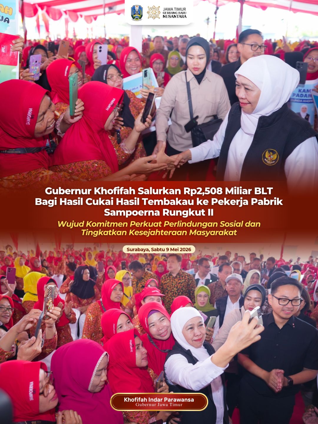 Gubernur Khofifah Kembali Salurkan BLT DBHCHT Tahun 2026 untuk Pekerja Industri Hasil Tembakau di Kota Surabaya