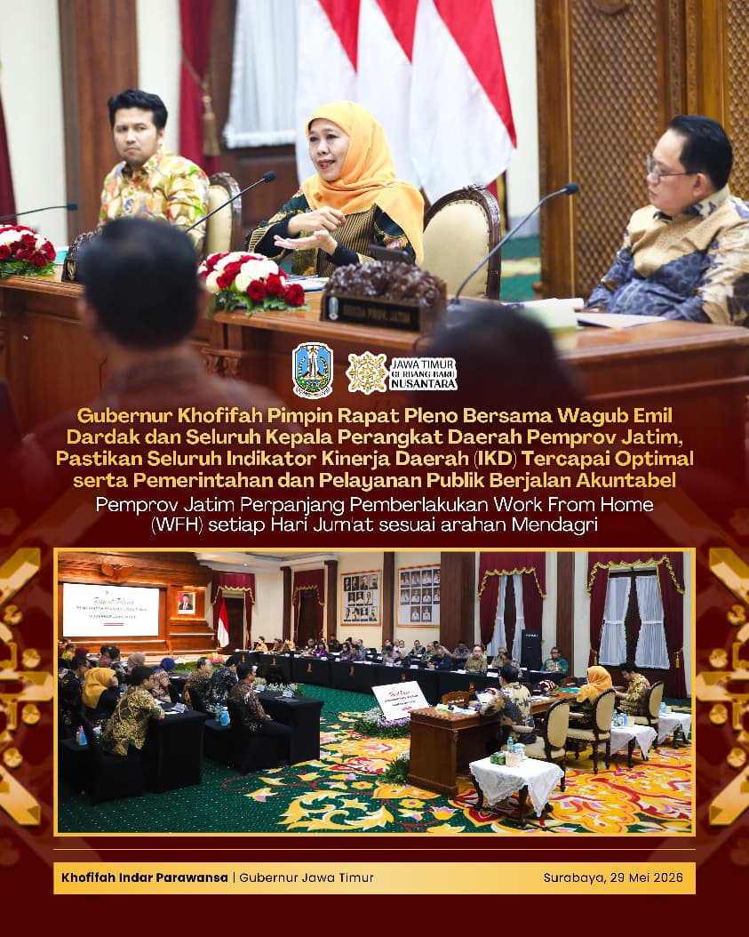 Gubernur Khofifah Lanjutkan Fleksibilitas Kerja ASN, Pelaksanaan WFH Dialihkan ke Hari Jumat