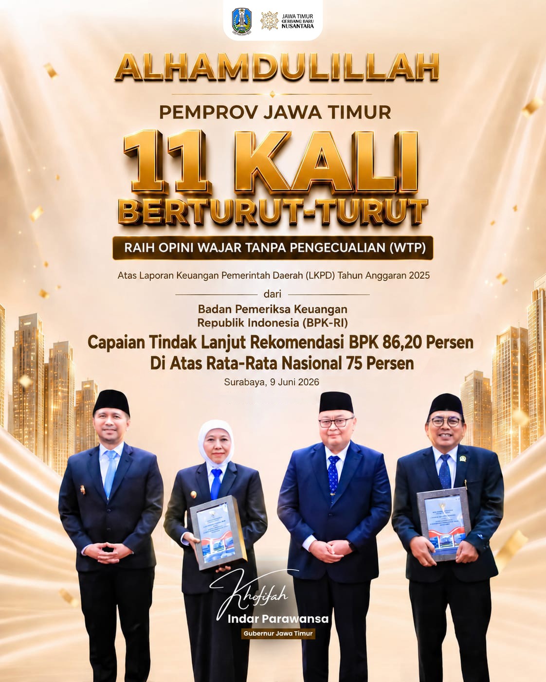 Pemprov Jatim Pertahankan Opini WTP Sejak 2015, Gubernur Khofifah Dorong Penguatan Sistem Pengendalian Intern
