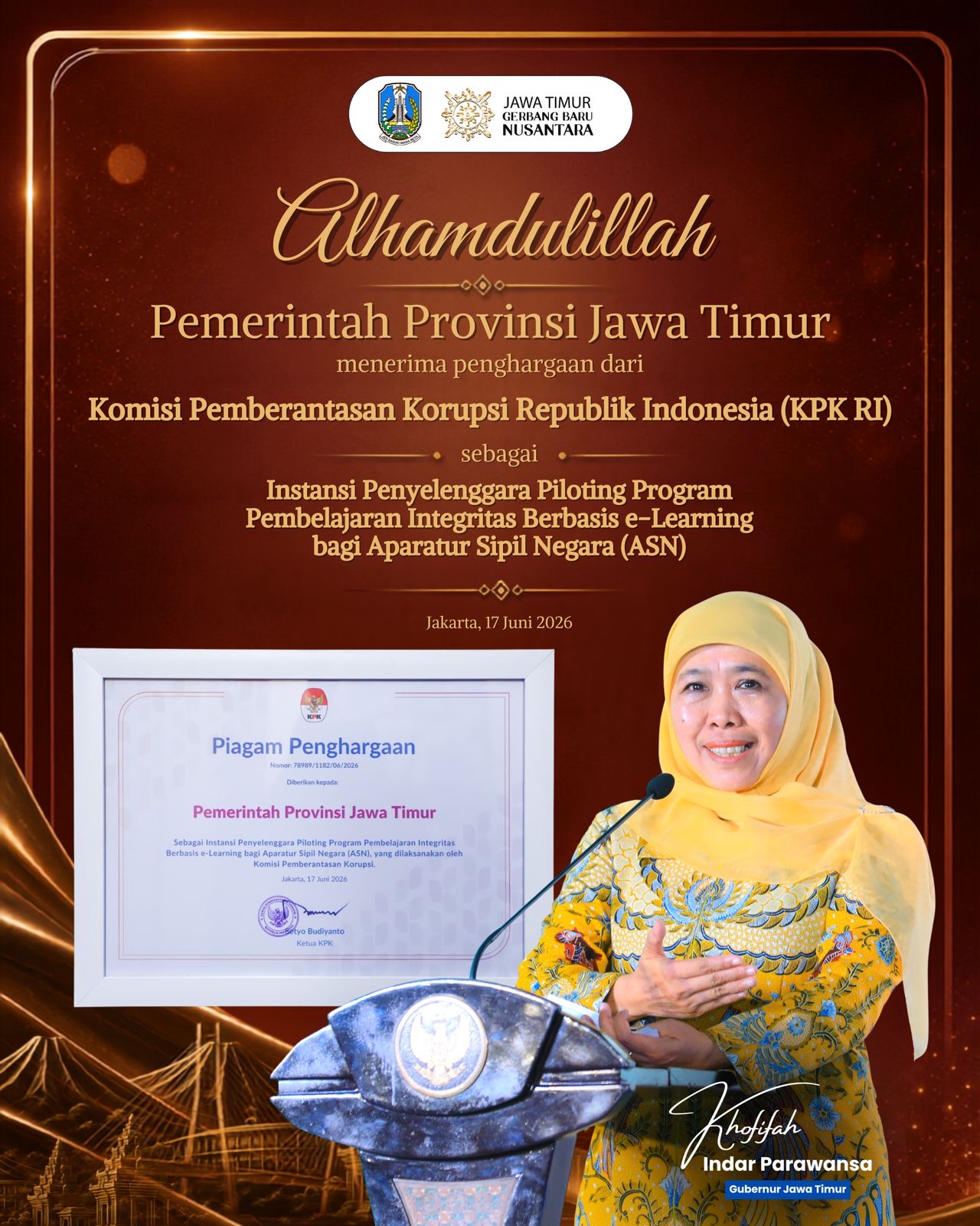 Pemprov Jatim Lampaui Target Nasional E-Learning ASN Berintegritas, Gubernur Khofifah Terima Apresiasi KPK RI