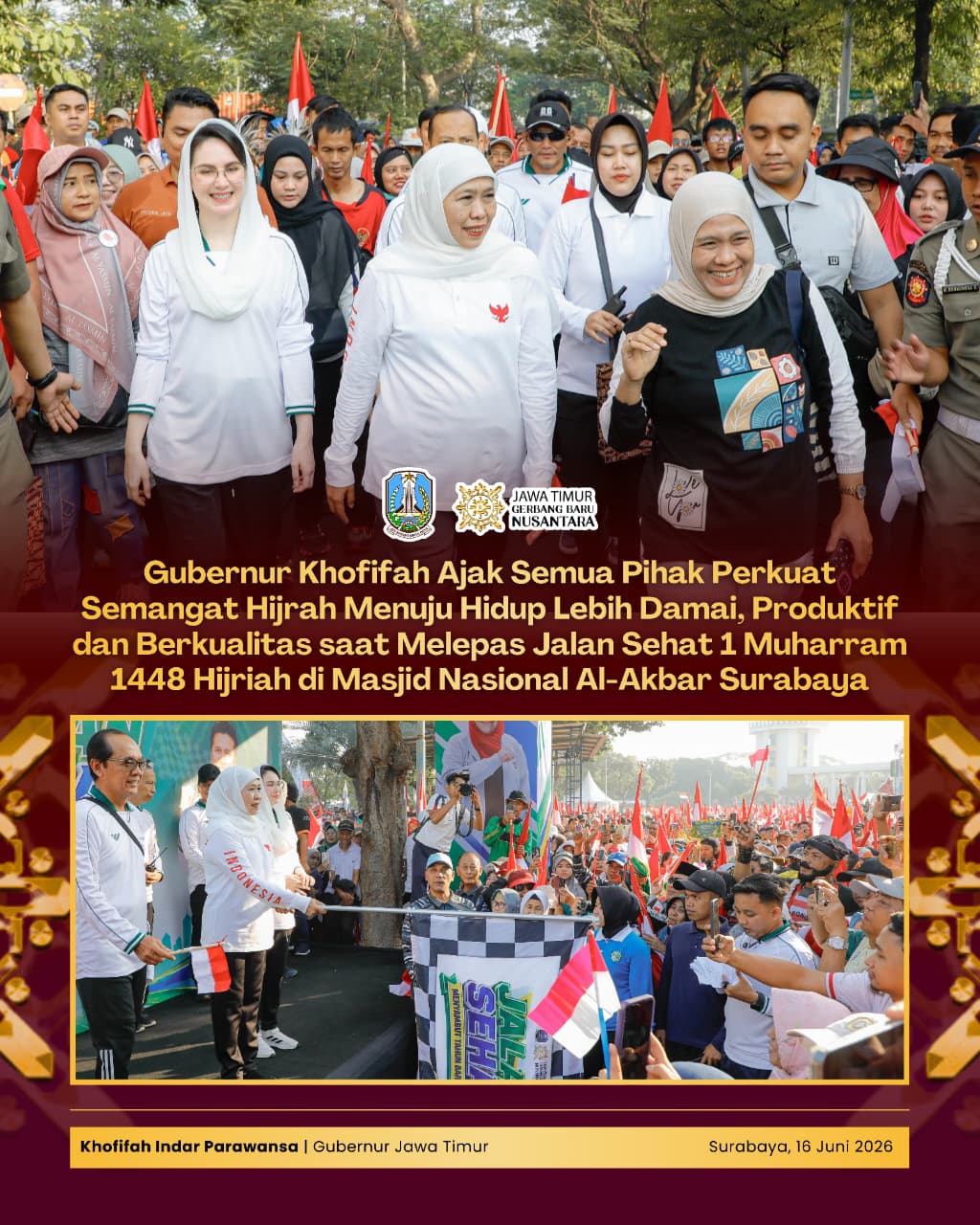 Gubernur Khofifah Membaur Bersama Puluhan Ribu Masyarakat Jatim di Jalan Sehat 1 Muharram