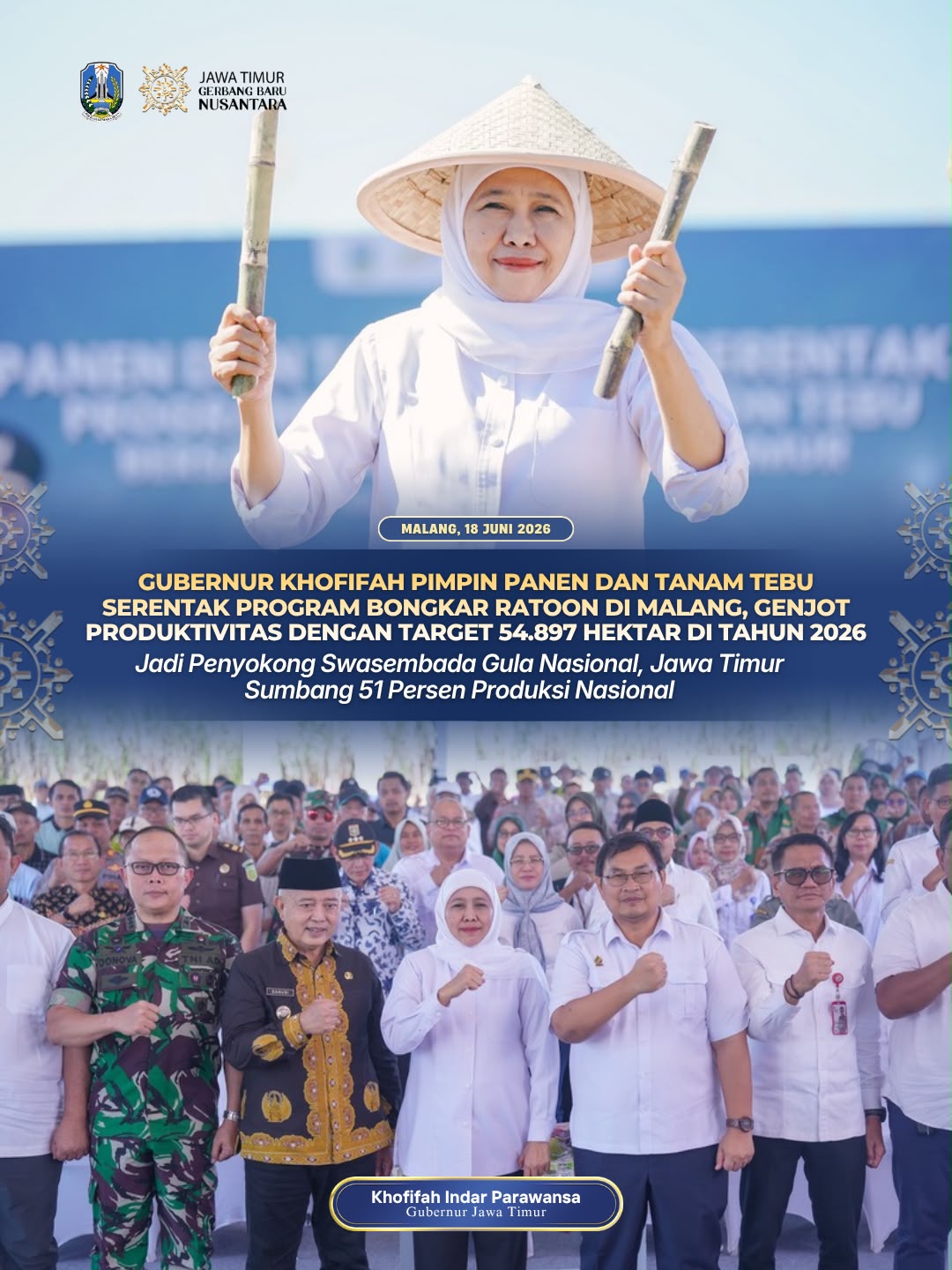 Gubernur Khofifah Optimistis Target Swasembada Gula Nasional Tercapai, Jatim Jalankan Program Bongkar Ratoon Seluas 48.315 Hektar