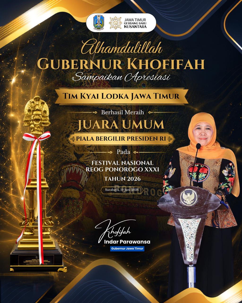 Gubernur Khofifah Dorong Regenerasi Reog Ponorogo Usai Tim Kyai Lodra Sabet Piala Bergilir Presiden