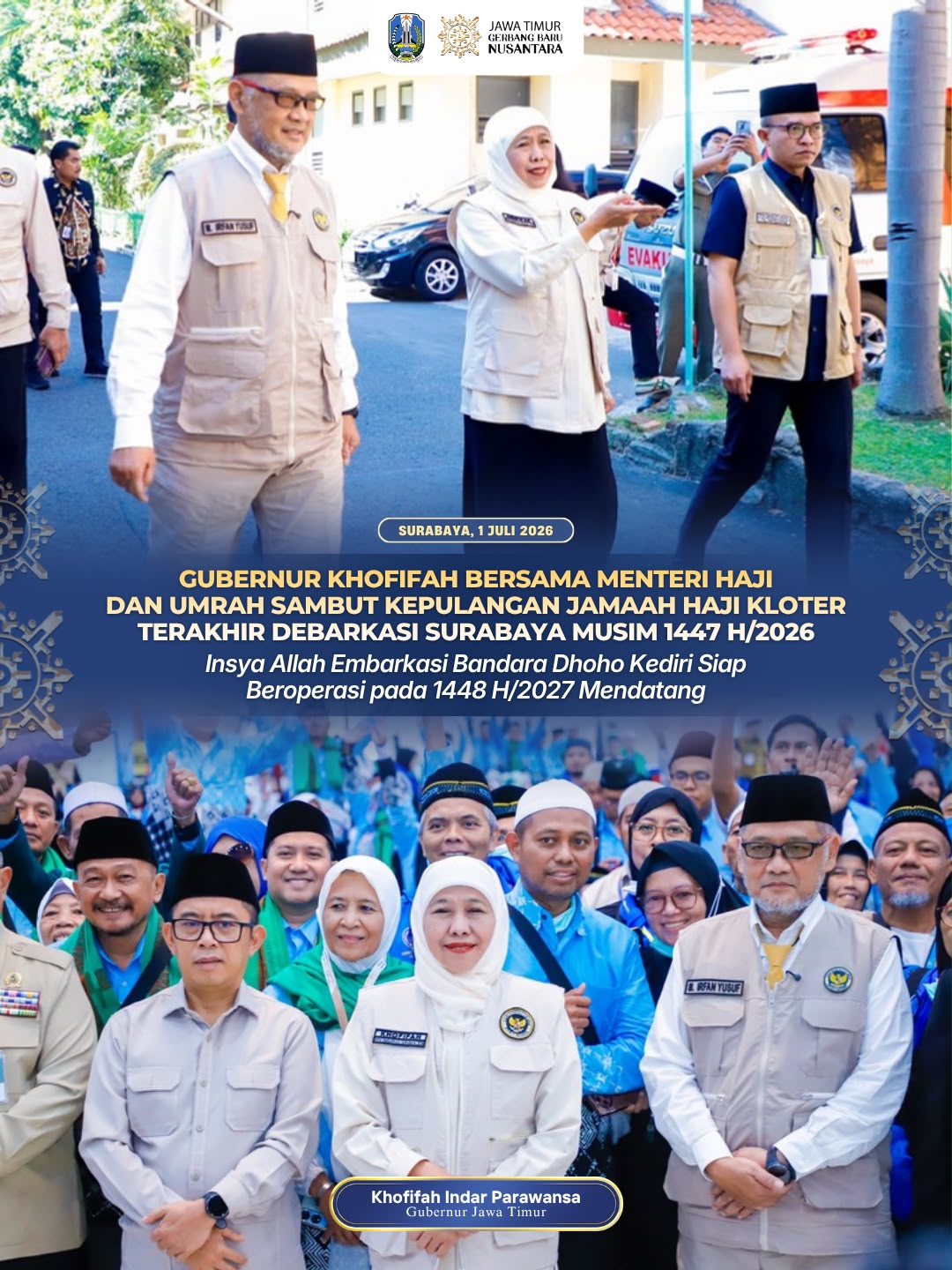 Gubernur Khofifah Sambut Kepulangan 43.894 Jamaah Haji Debarkasi Surabaya, Perkuat Sinergi Tingkatkan Pelayanan Haji