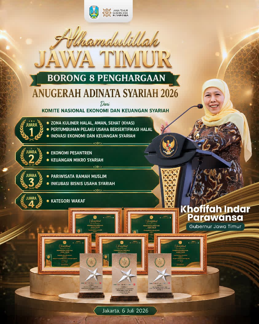 Gubernur Khofifah Tegaskan Penguatan Halal Value Chain dari Hulu hingga Hilir Jadi Kunci Delapan Penghargaan Adinata Syariah 2026