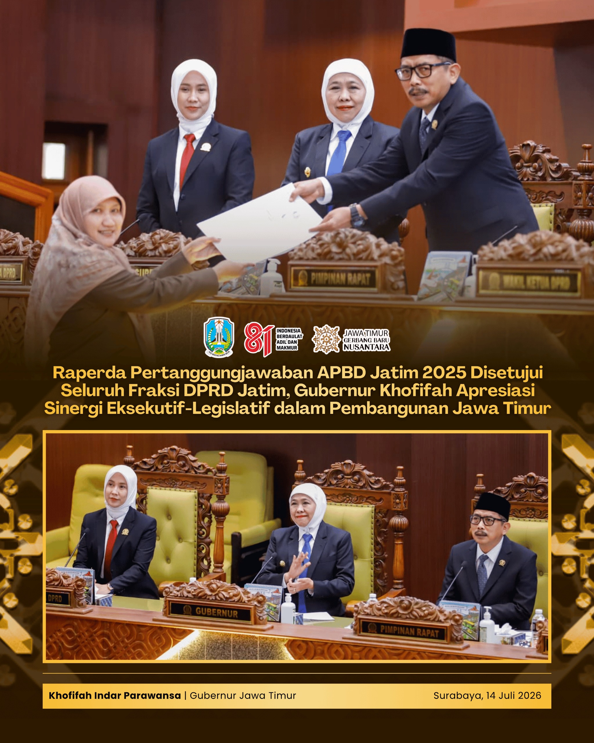 Sinergi Pemprov dan DPRD Antarkan Raperda Pertanggungjawaban APBD Jatim 2025 Disetujui Seluruh Fraksi