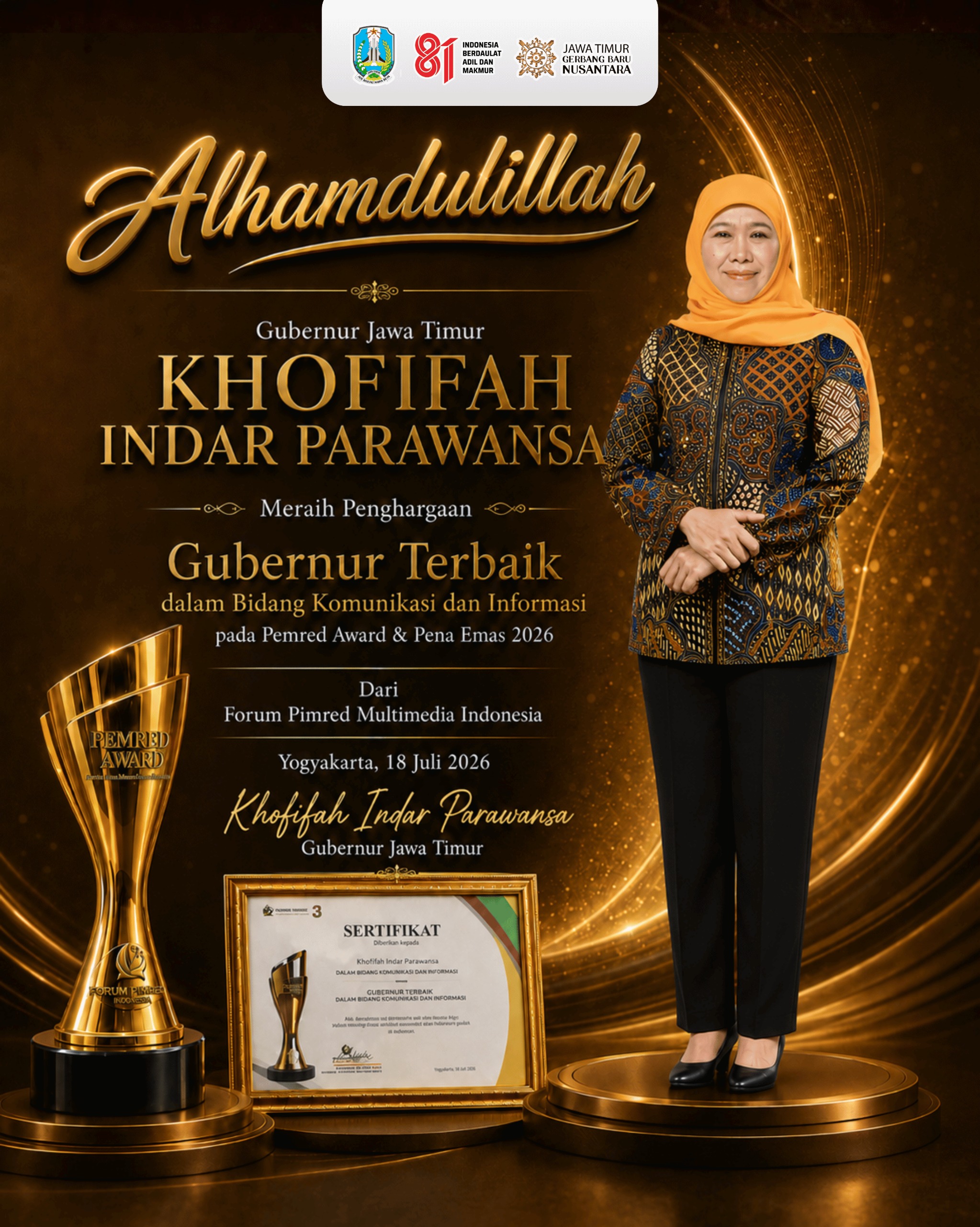 Gubernur Khofifah Tegaskan Komitmen Keterbukaan Informasi Usai Raih Pimred Award 2026