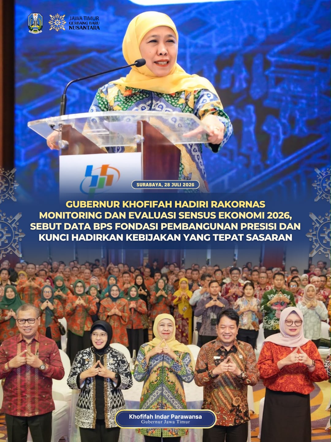 Buka Rakornas Evaluasi Sensus Ekonomi 2026, Gubernur Khofifah Tekankan Pentingnya Data yang Akurat dan Mutakhir