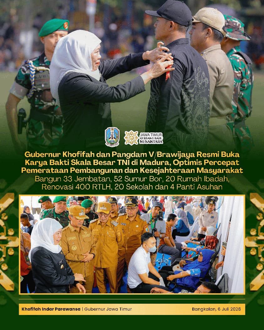 Gubernur Khofifah Optimis Karya Bakti TNI AD Percepat Pemerataan Pembangunan di Madura