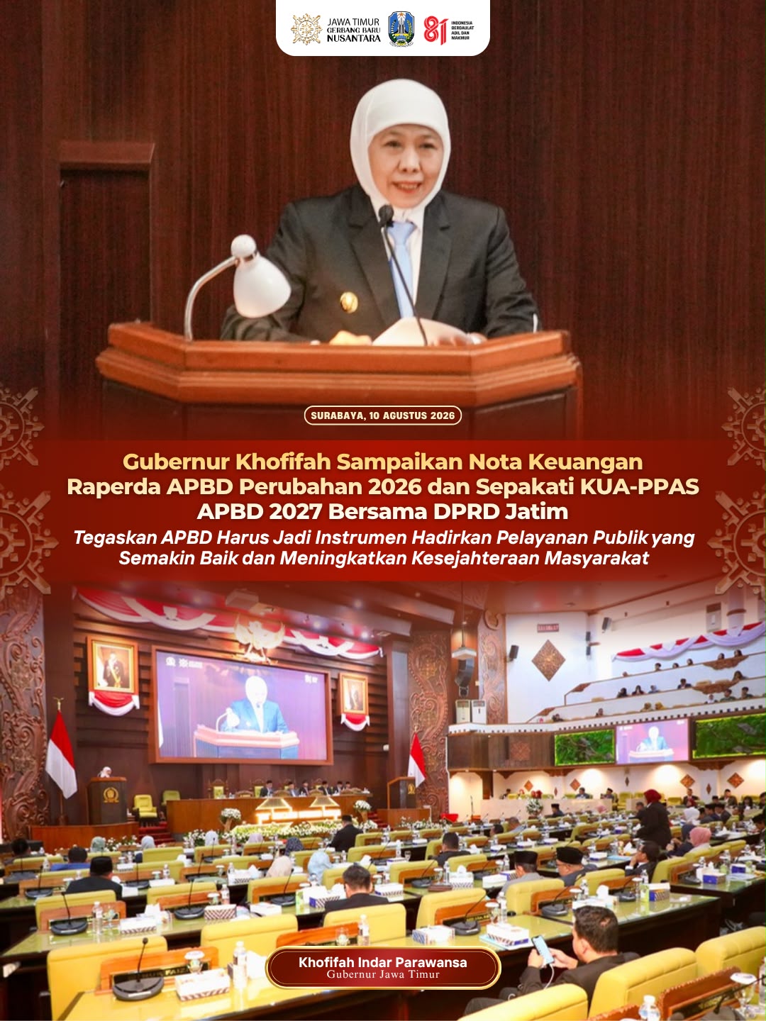 Target Pendapatan P-APBD Jatim 2026 Naik Rp183,7 Miliar, Gubernur Khofifah Optimistis PAD Terus Menguat