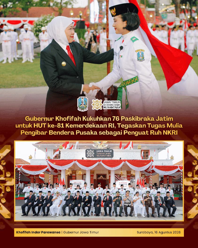 Gubernur Khofifah Kukuhkan Paskibraka Jatim, Bekali Generasi Muda dengan Semangat Kebangsaan dan Kepemimpinan