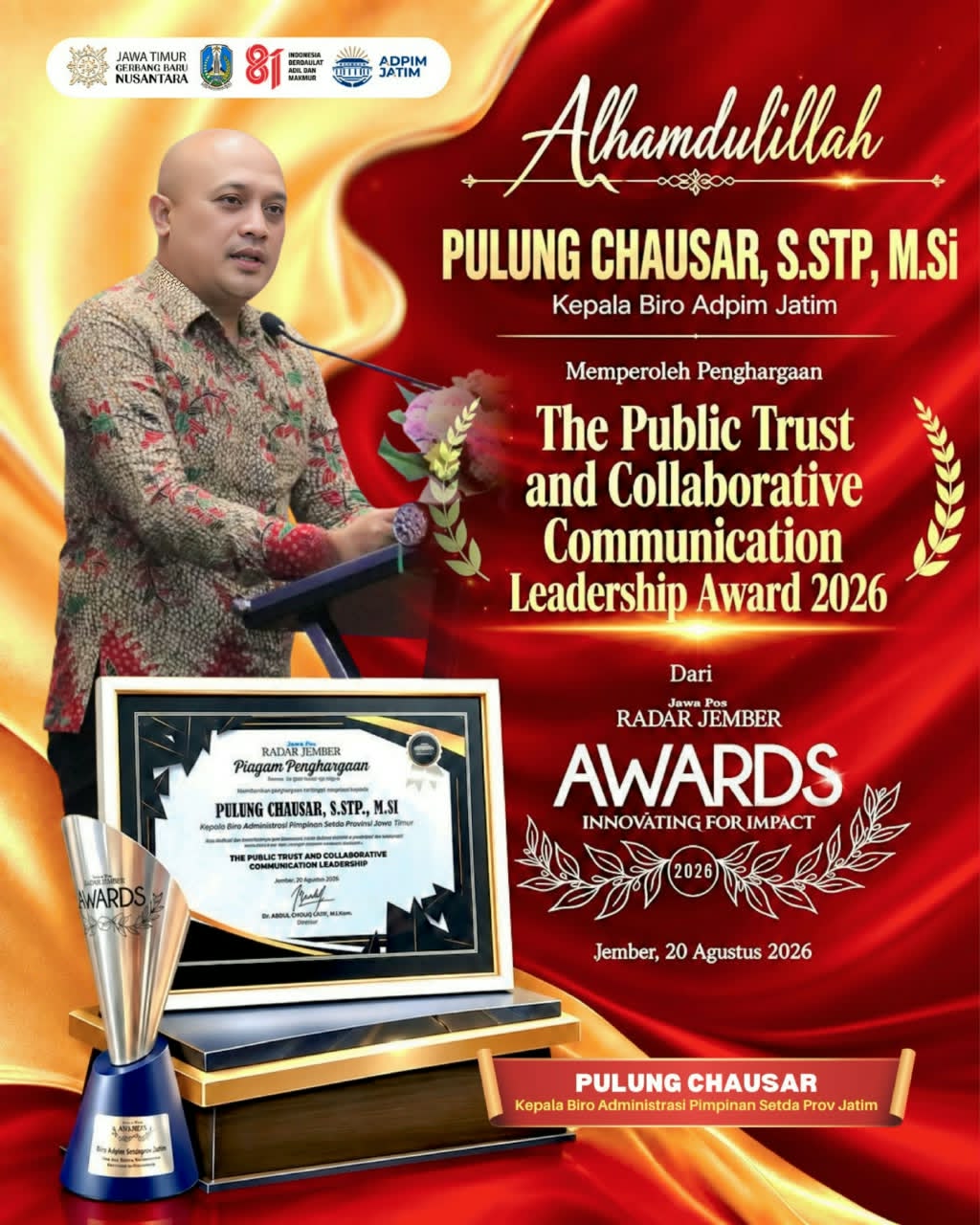 Humas Jadi Jembatan Kepercayaan Publik, Pulung Chausar Raih The Public Trust and Collaborative Communication Leadership Award 2026