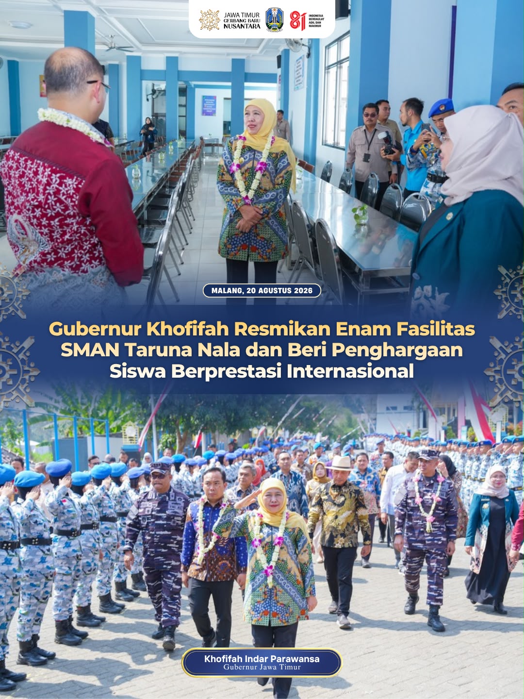 Dorong Generasi Unggul dan Berdaya Saing, Gubernur Khofifah Apresiasi Siswa Taruna Nala Berprestasi Internasional