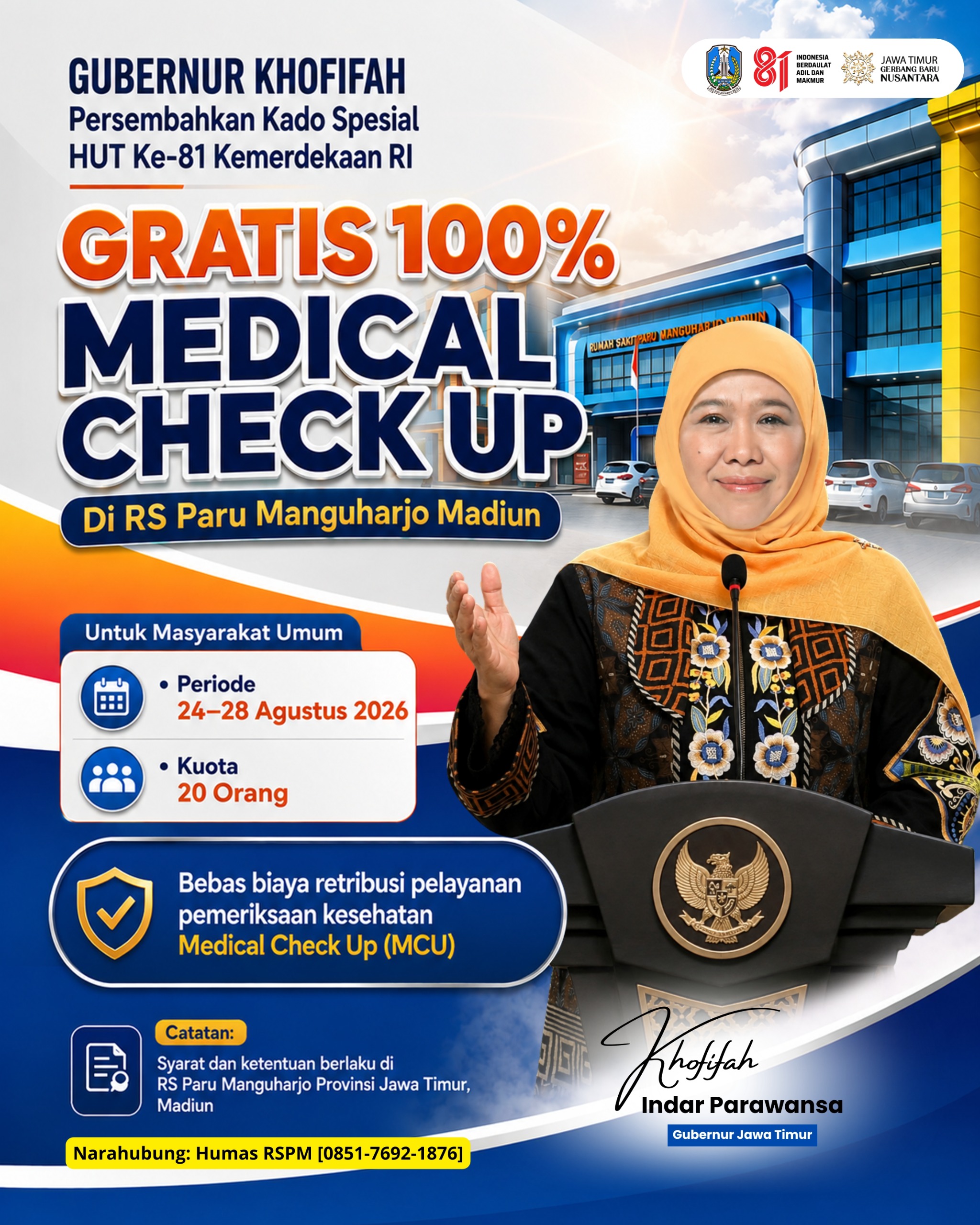 Gubernur Khofifah Gratiskan Beragam Paket MCU, Perkuat Upaya Promotif dan Preventif Kesehatan Masyarakat