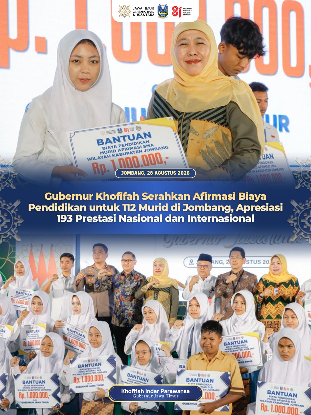 Bantuan Pendidikan dan Apresiasi Prestasi Jadi Penguat Generasi Muda Jombang, Gubernur Khofifah Tekankan Pentingnya Kemandirian
