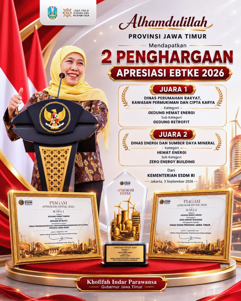 Dua Penghargaan Nasional EBTKE 2026 Diraih Jatim, Gubernur Khofifah Dorong Perluasan Praktik Hemat Energi