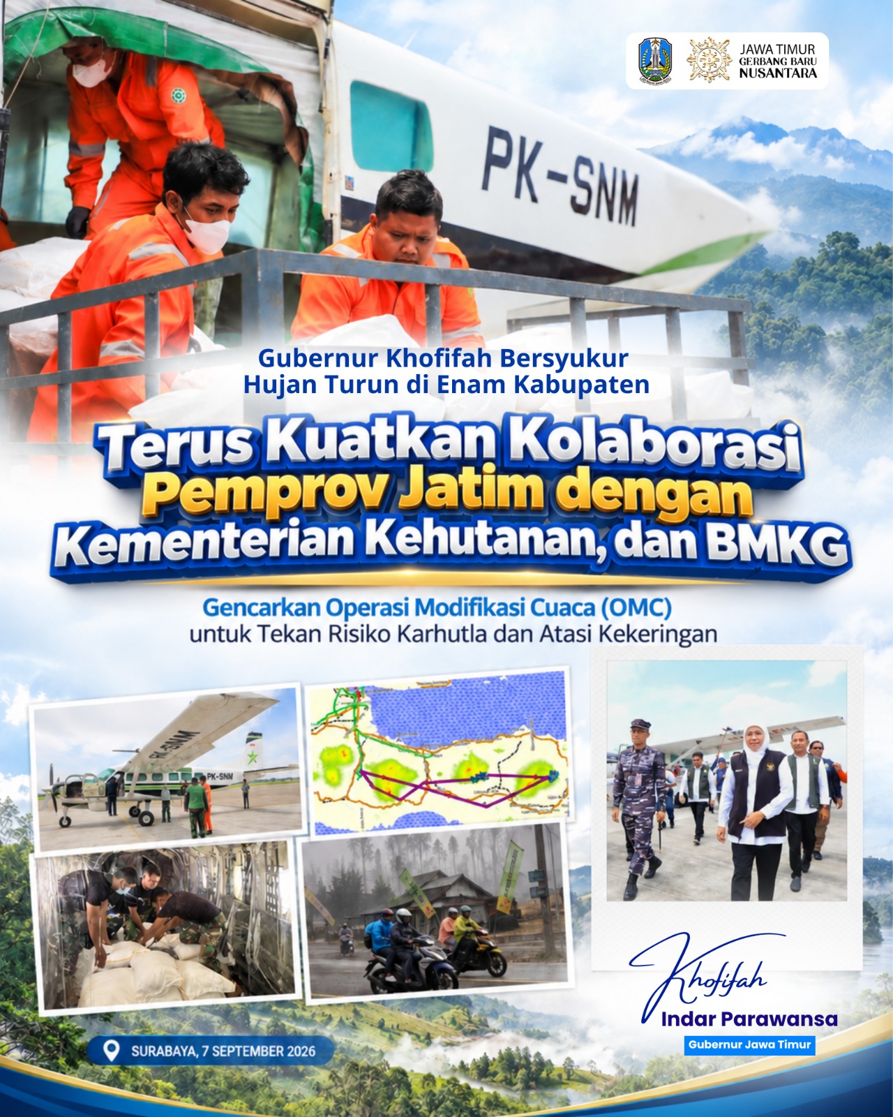 Empat Kali Operasi Modifikasi Cuaca, Gubernur Khofifah Pastikan Ikhtiar Tekan Karhutla dan Kekeringan Terus Berjalan