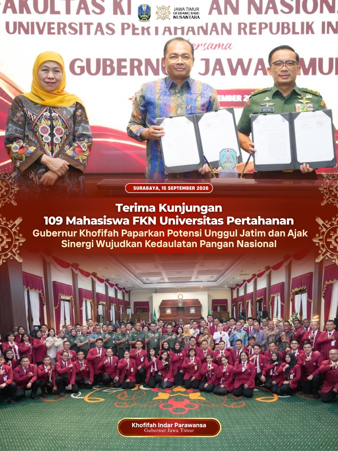 Di Hadapan 109 Mahasiswa FKN Unhan, Gubernur Khofifah Tegaskan Jawa Timur Bergerak dari Ketahanan Menuju Kedaulatan Pangan