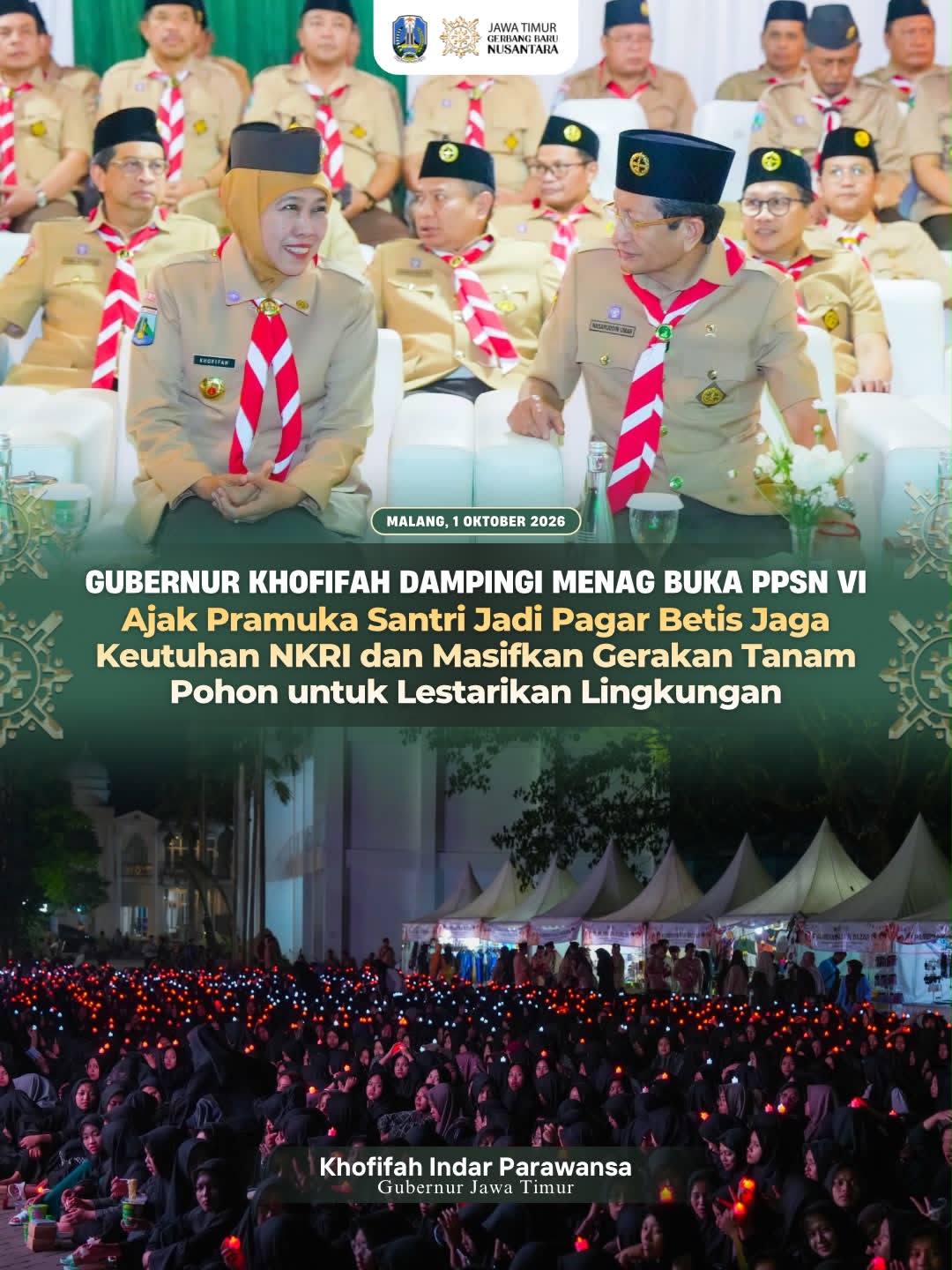 Buka PPSN VI di Bumi Majapahit, Gubernur Khofifah Dorong Santri Pramuka Perkuat Persaudaraan dan Persatuan Bangsa