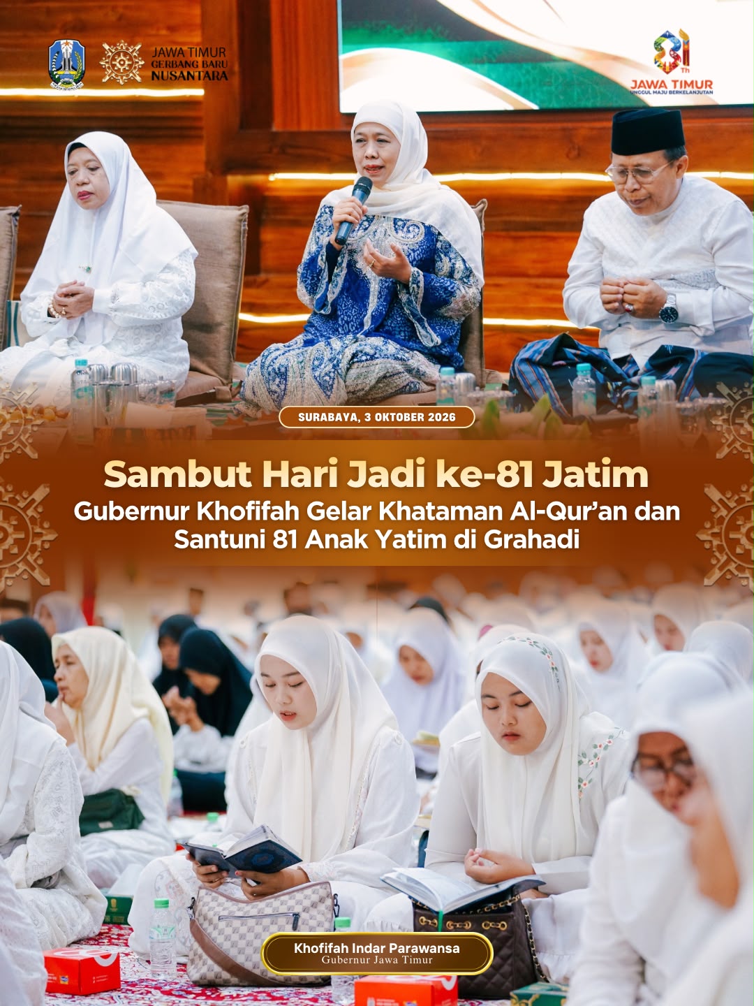 Sambut Hari Jadi ke-81 Jatim, Gubernur Khofifah Ajak Iringi Pembangunan dengan Doa dan Kepedulian Sosial