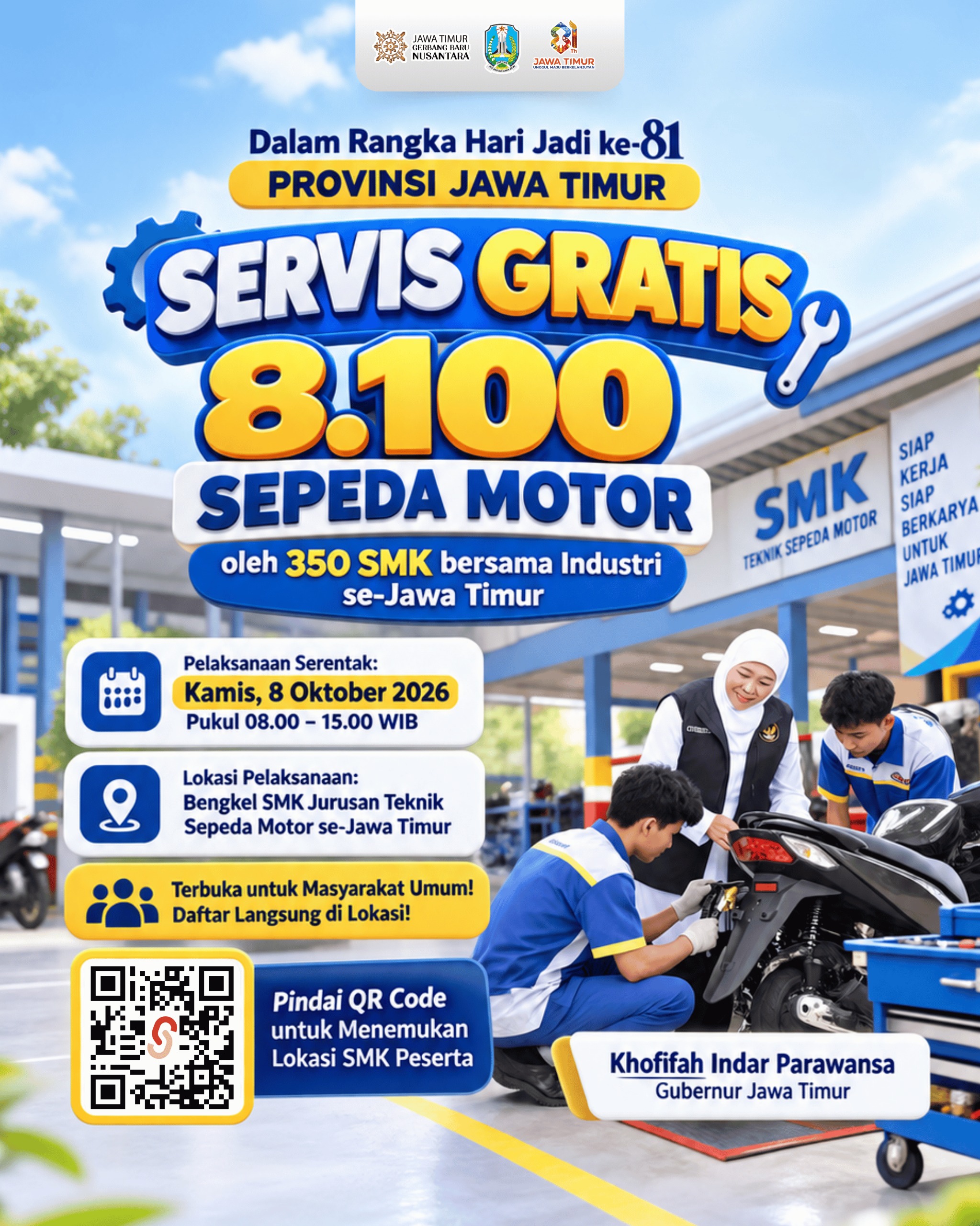 350 SMK di Jatim Buka Layanan Servis Motor Gratis, Gubernur Khofifah Perkuat Pembelajaran Vokasi Berbasis Praktik