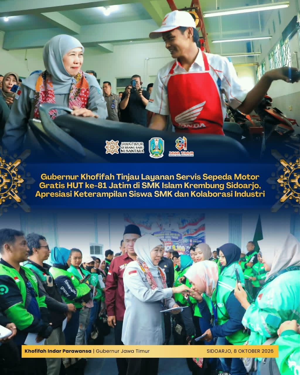 Dari Ruang Kelas ke Masyarakat, Gubernur Khofifah Dorong Siswa SMK Asah Keterampilan Lewat Servis Motor Gratis