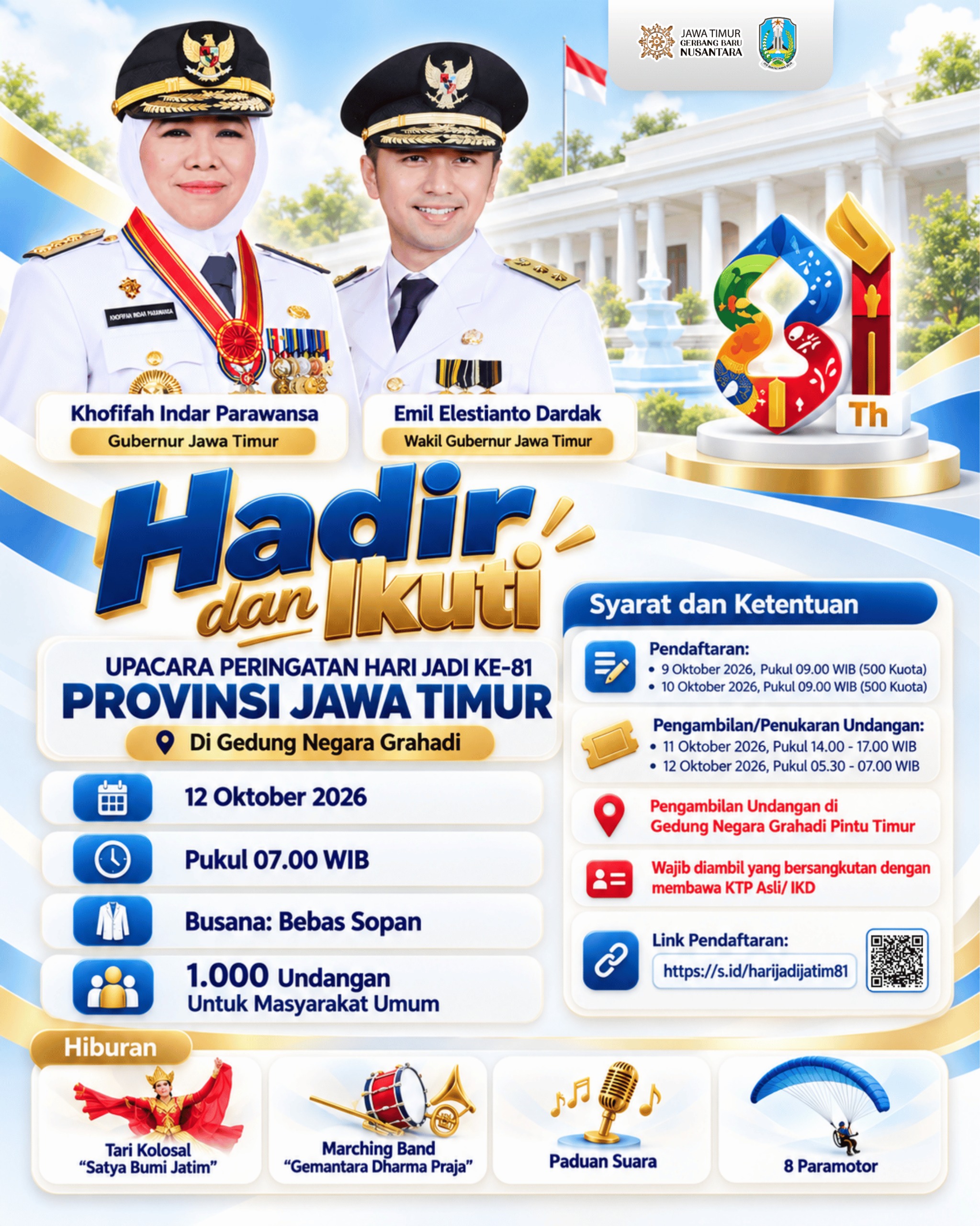 Grahadi Jadi Ruang Kebersamaan Warga, Gubernur Khofifah Ajak Masyarakat Rayakan Hari Jadi ke-81 Jawa Timur