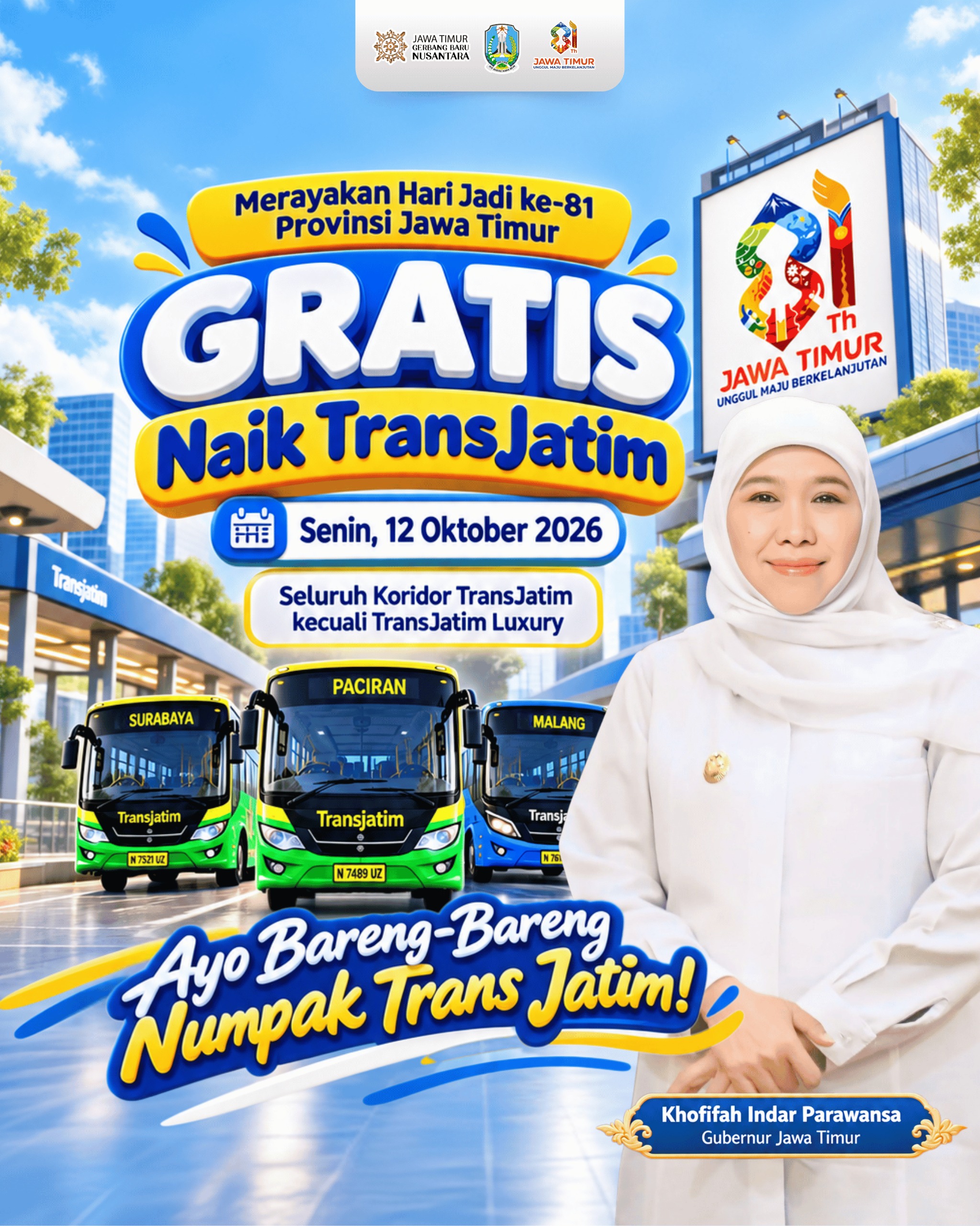 Sambut Hari Jadi ke-81 Jawa Timur, Gubernur Khofifah Gratiskan Layanan Trans Jatim di Seluruh Koridor