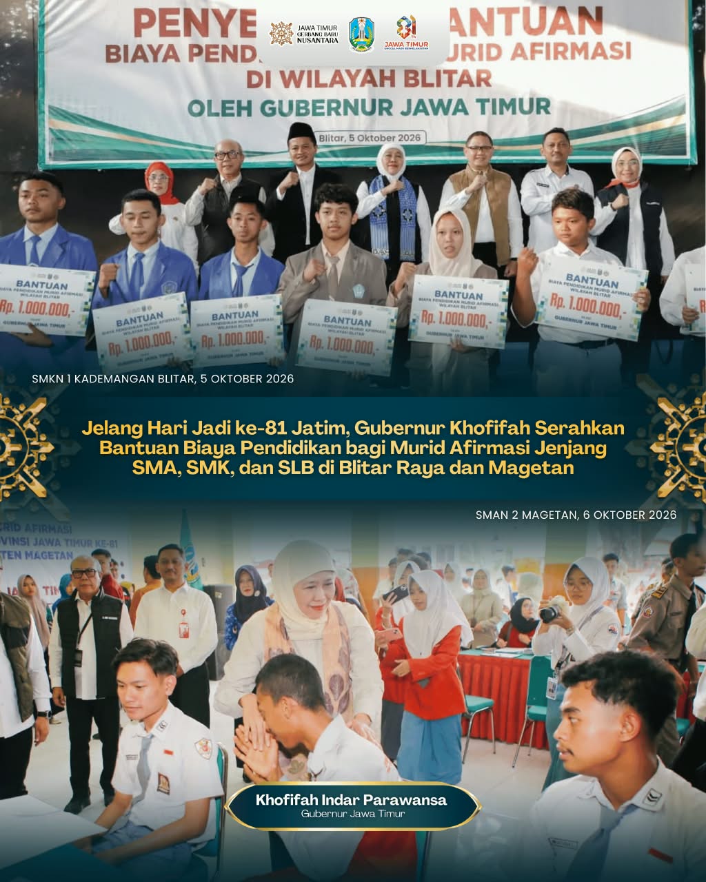 Perkuat Akses Pendidikan Inklusif, Gubernur Khofifah Siapkan Bantuan Rp1 Juta bagi Setiap Murid Afirmasi SMA, SMK, dan SLB