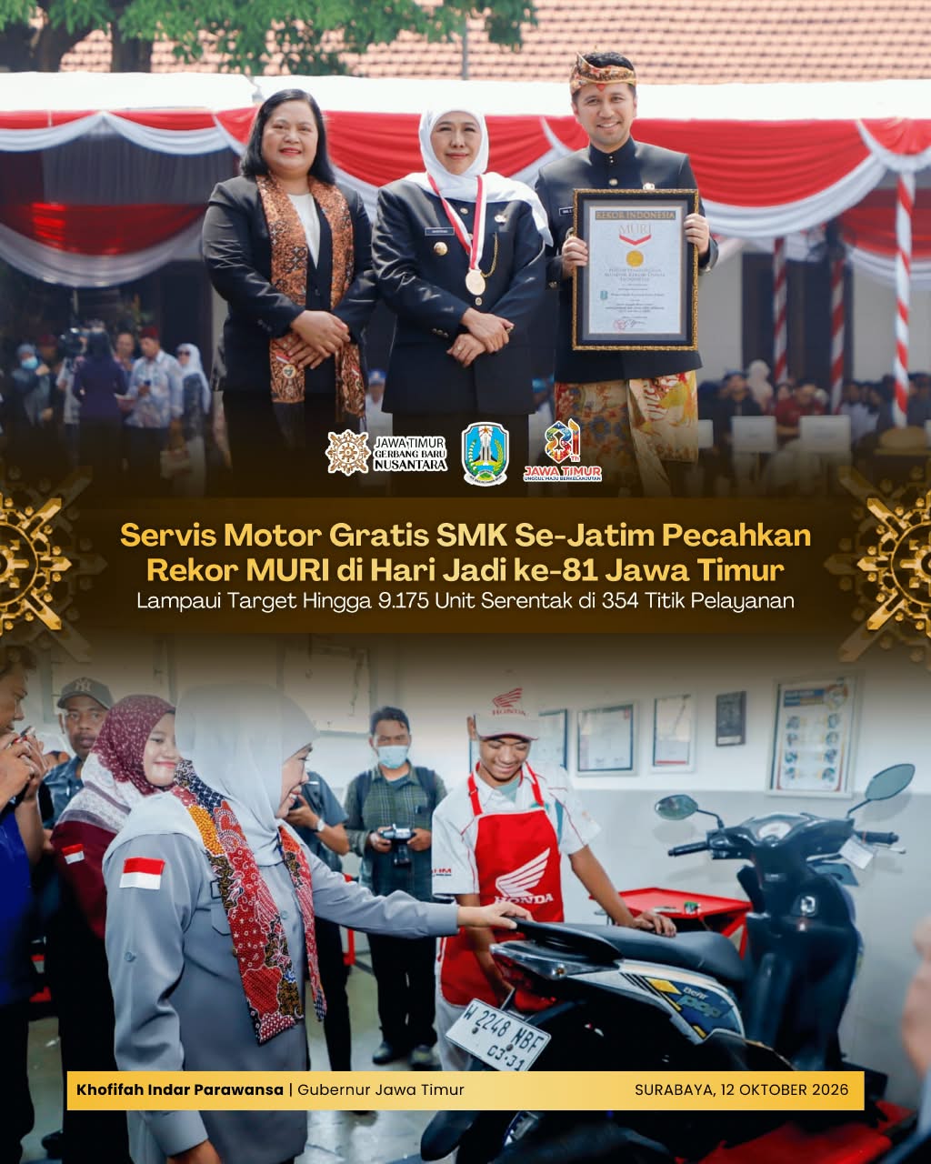 Lampaui Target 9.175 Unit, Gubernur Khofifah Apresiasi Servis Motor Gratis SMK Raih Rekor MURI