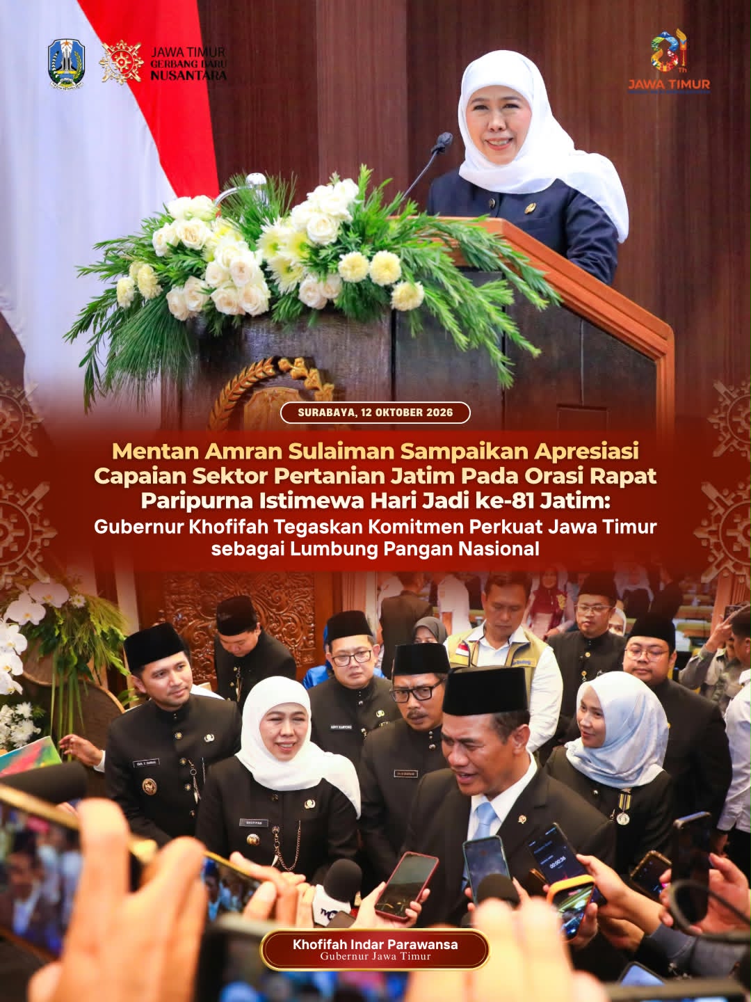 Hadiri Paripurna Istimewa Hari Jadi ke-81 Jatim, Gubernur Khofifah Terima Pujian Mentan atas Capaian Pertanian
