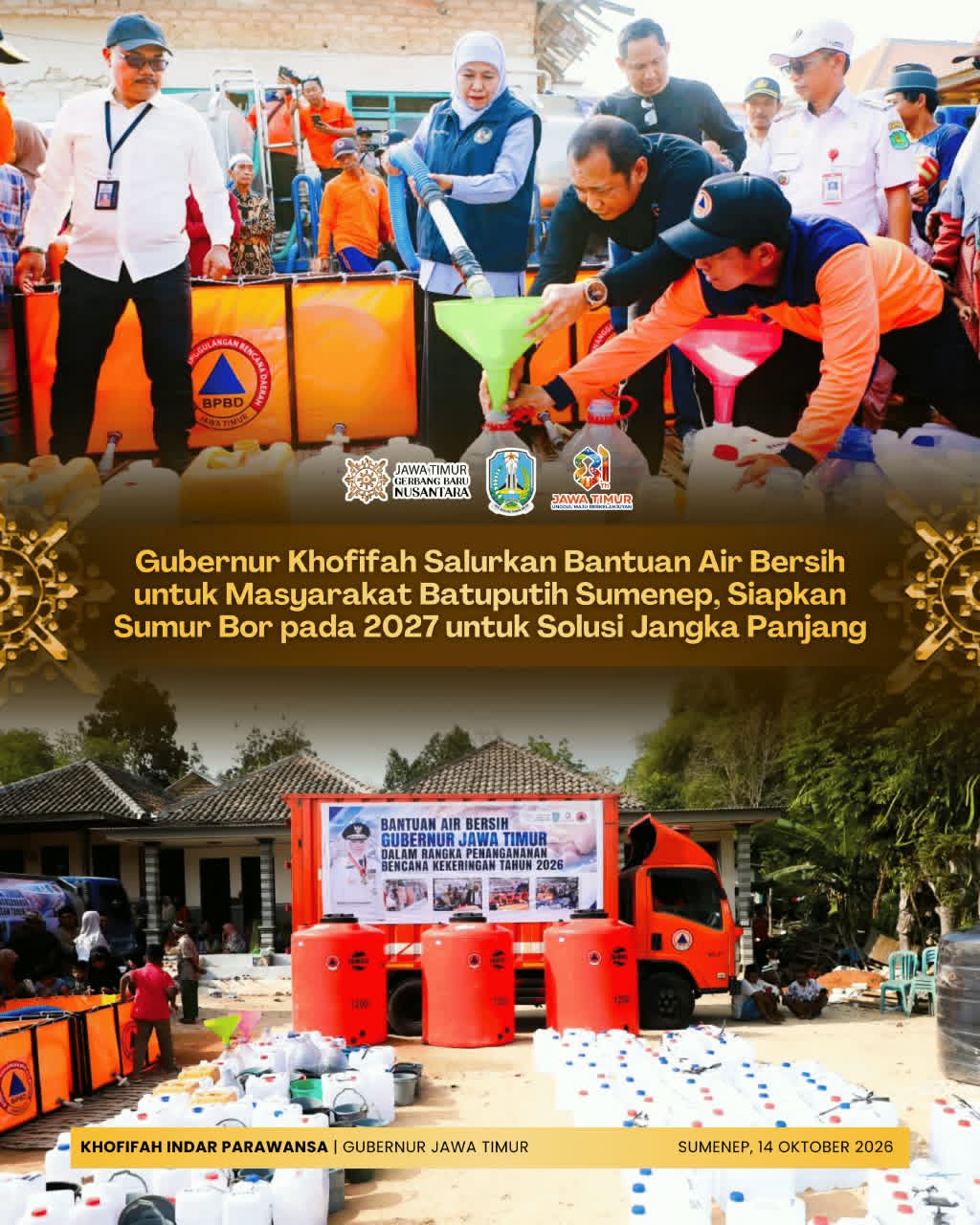 Respons Bencana Kekeringan di Sumenep, Gubernur Khofifah Dropping Air Bersih dan Kaji Pembangunan Sumur Bor
