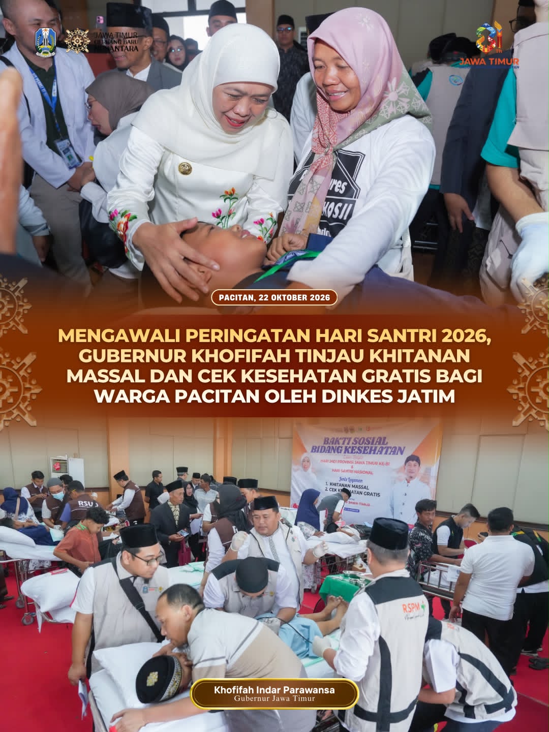Tinjau Layanan Kesehatan Gratis Hari Santri 2026, Gubernur Khofifah Harapkan Generasi Jatim Sehat dan Berakhlak