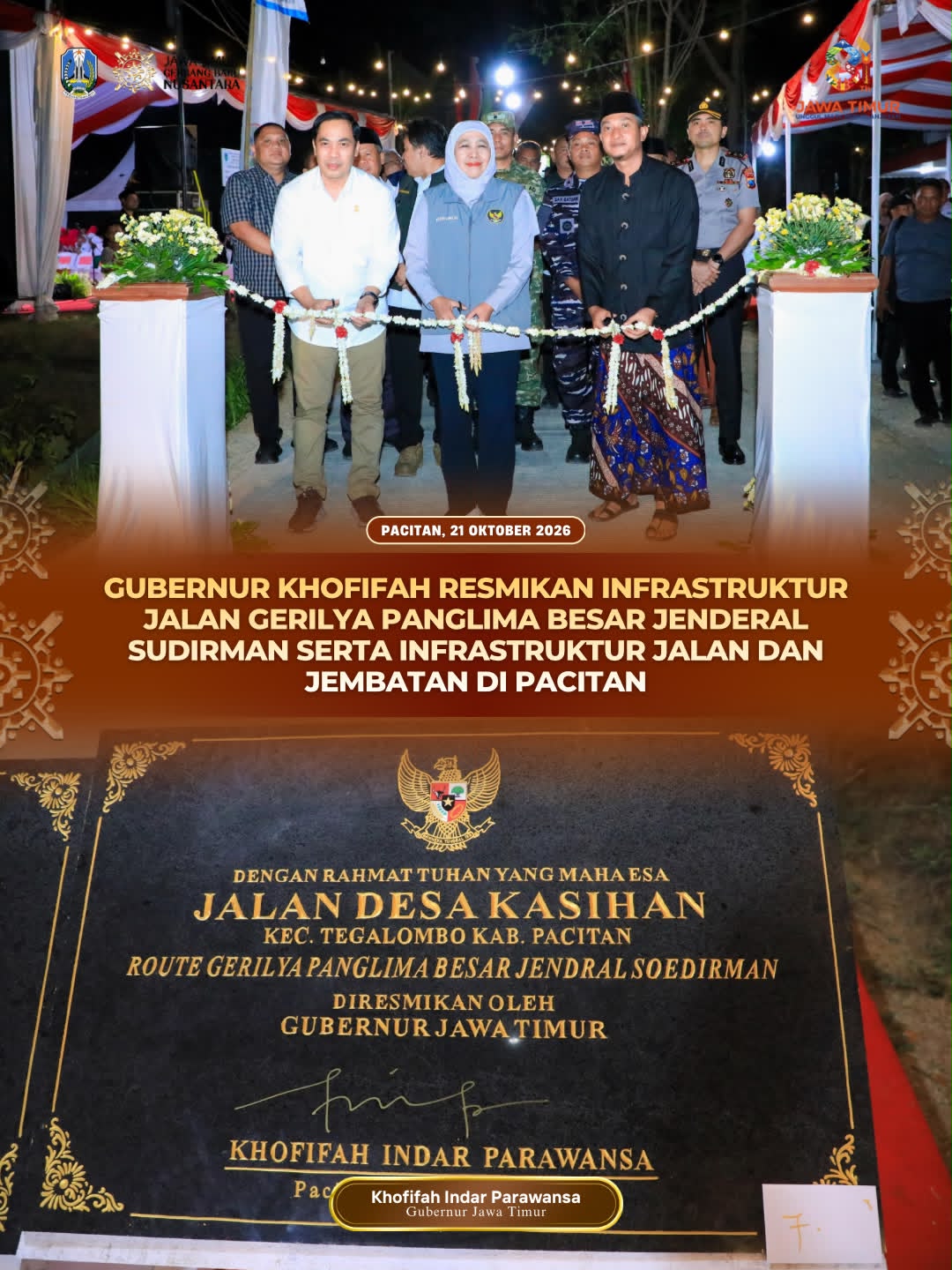 Gubernur Khofifah Harapkan Infrastruktur Baru di Pacitan Bawa Manfaat dan Keberkahan bagi Warga