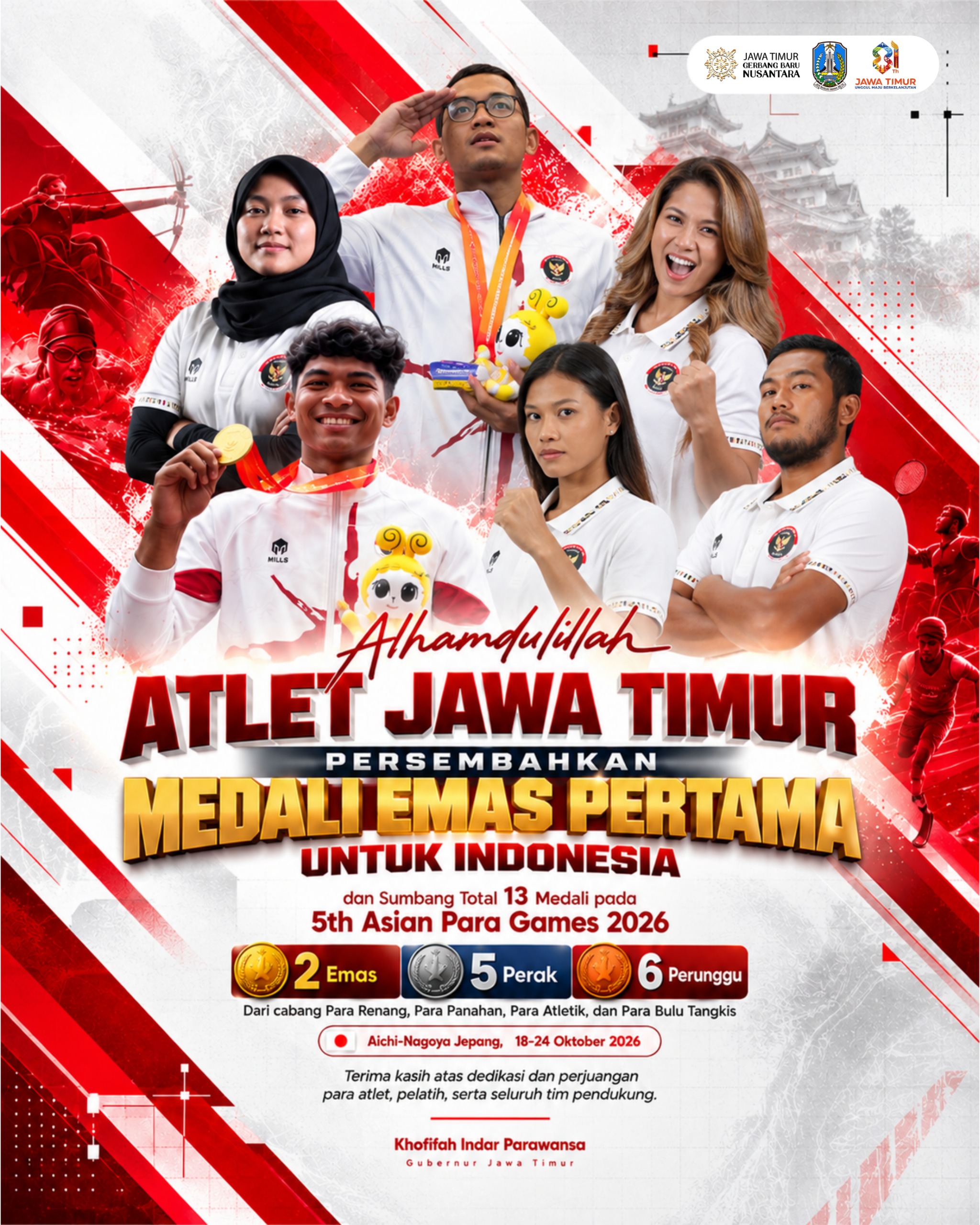 Gubernur Khofifah Sebut Capaian Atlet Jatim di Asian Para Games 2026 Jadi Inspirasi Generasi Muda